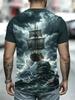 [Printed Design – Not Textured] Vintage Pirate Sailing Ship Wrecking Plus Size Men'S Short Sleeve T-Shirt, Plus Size Loose Fit Round Neck Casual