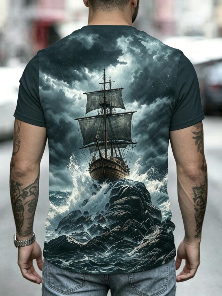 [Printed Design – Not Textured] Vintage Pirate Sailing Ship Wrecking Plus Size Men'S Short Sleeve T-Shirt, Plus Size Loose Fit Round Neck Casual