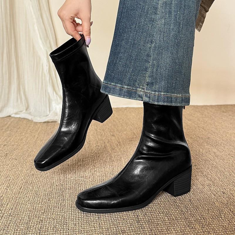 5.5cm Chunky Heel Ankle Boots Women Square Toe Back Zip Stretch Slim Fit Fall Winter