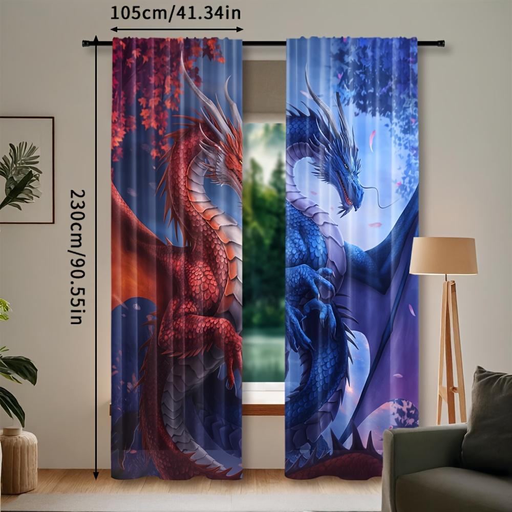 2 Stück Vorhänge mit Drachenmotiv mit Stangendurchzug   Gewebter Polyester-Pongee   Semi-transparente, walzengeprägte Vorhänge   Zeitgenössischer Stil   Maschinenw