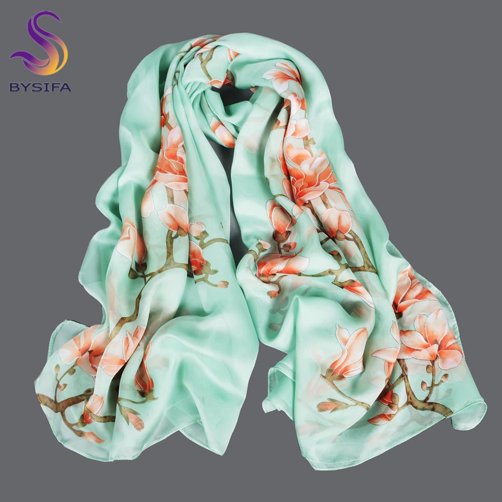 Light Green Silk Scarf Ladies Spring Fall Winter Floral Large Size Long Scarves Wraps Summer Beach Shawl Cover-ups
