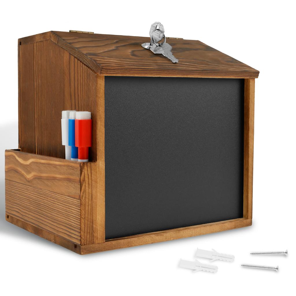 Wood Suggestion Box Wall-mounted Mail Ballot Box Vintage Donation Box with Slot and Lock Chalkboard Collection Box for School