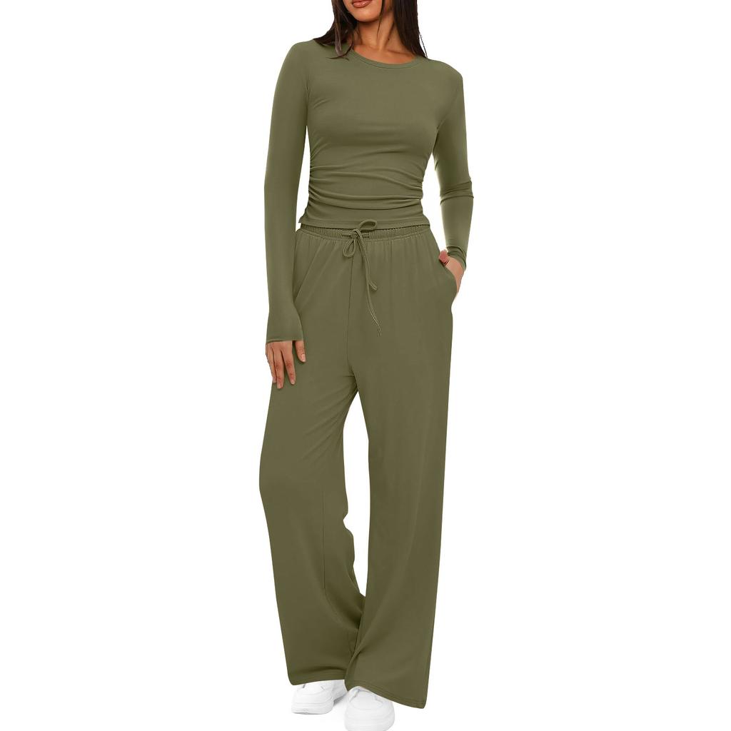 Women's Fall Two Piece Outfits Long Sleeve Tops Tee Shirts Wide Leg Pants Sets