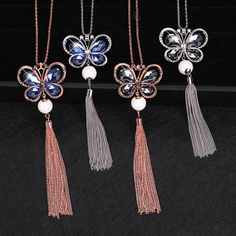 Elegant Korean Style Butterfly Sweater Necklace With Pearl Tassels For Women