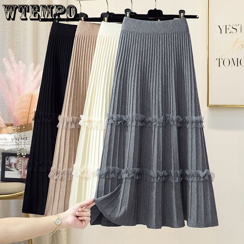 Pleated Skirt for Women Autumn and Winter High Waisted Mid Length Knitted Skirt A-line Skirt