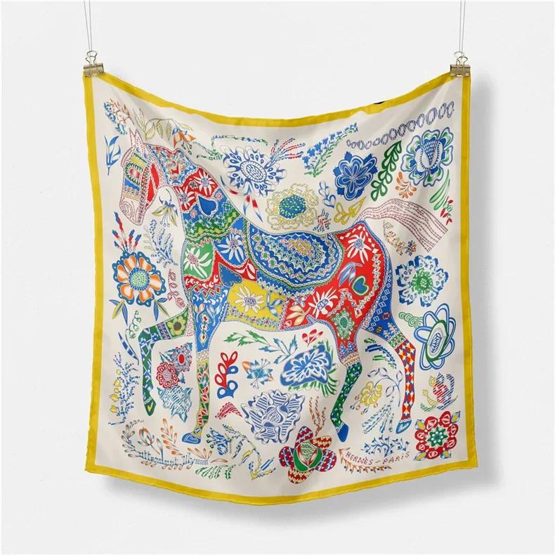 Luxury Horse Print Silk Square Scarf Women Spring Neck Tie Shawl Wraps Female Hair Hand Wrist Headkercheif Hijab Bandana