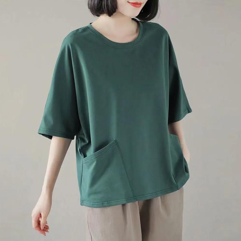 Foreign Pocket Design Sensual Versatile Short-sleeved Top Summer New Crew Neck Women's Clothing