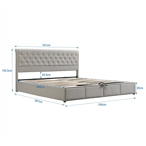Upholstered Bed 140x200cm Slatted Frame Headboard Hydraulics Storage Space Double Bed Studded Decoration Adults Youth Grey (Without Mattress)