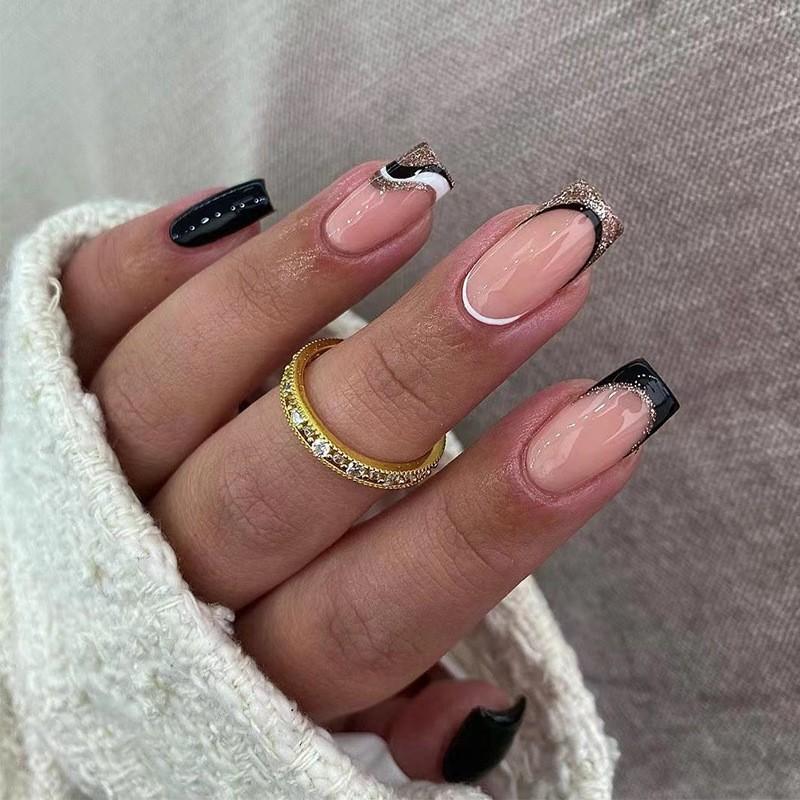 Wearing Nail Plates With Black White Stitching French Gold Glitter Art Armor