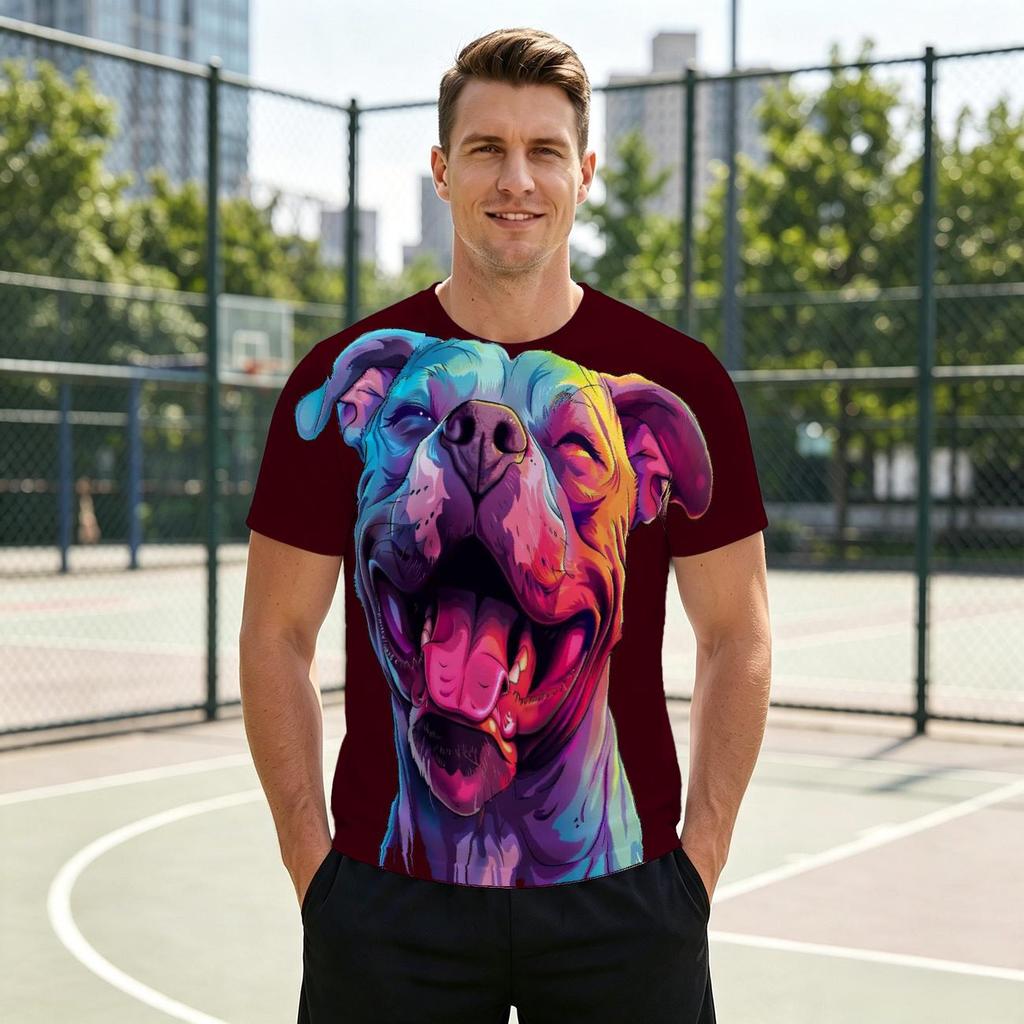 Men's Crew Neck 3D Print T-Shirt, Colorful Pitbull Dog Graphic Casual Short Sleeve Tee