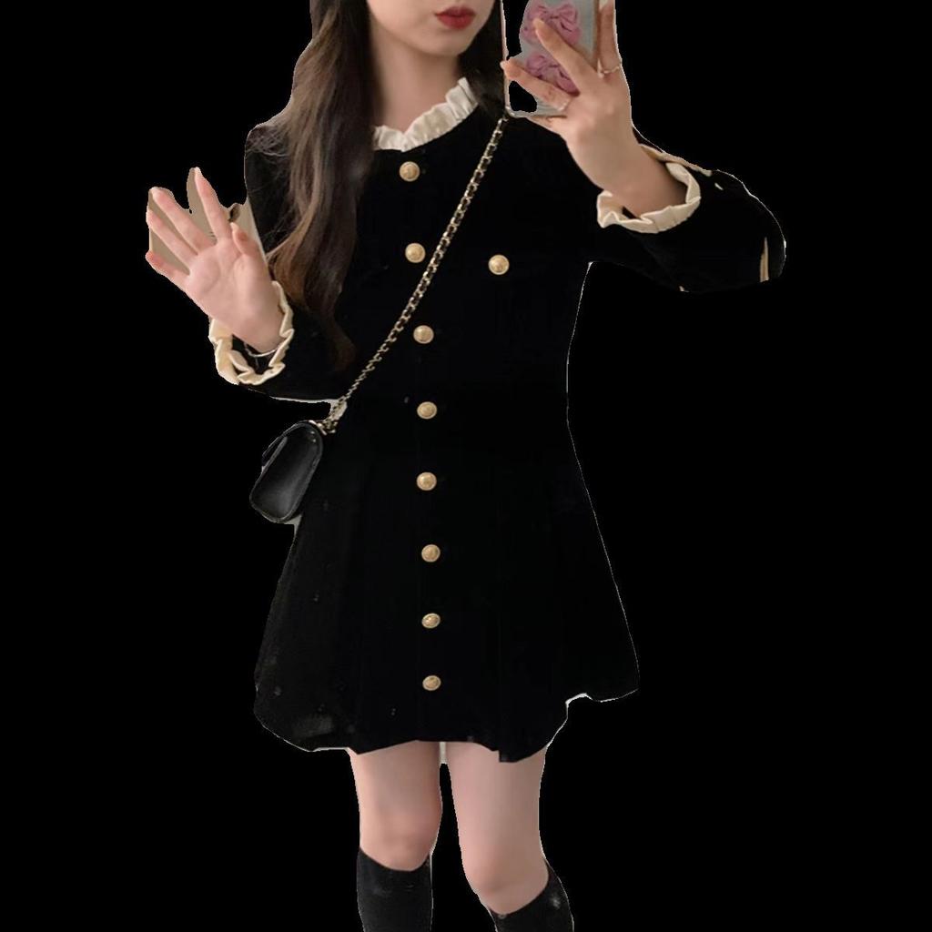 French Xiaoxiang Hepburn Style Black Dress Children's Early Autumn New Temperament Waist Short Skirt