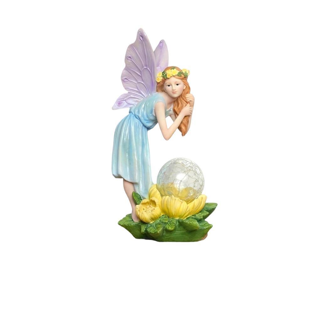 Estatua de Jardín de Hadas Alimentada por Energía Solar Resina Miniatura Adorno de Paisaje Figura Decorativa Exterior con Luz LED para Patio Terraza Césped