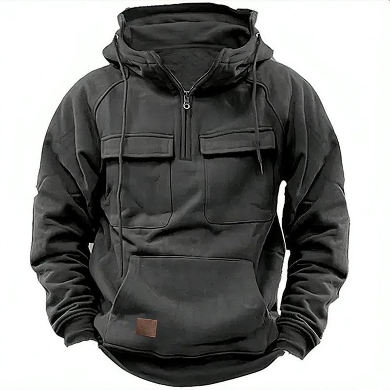 Autumn Winter Hoodies Men Half-zip Patchwork Warm Sweatshirts Multi Pockets Male Casual Pullover Outdoor Hoodie