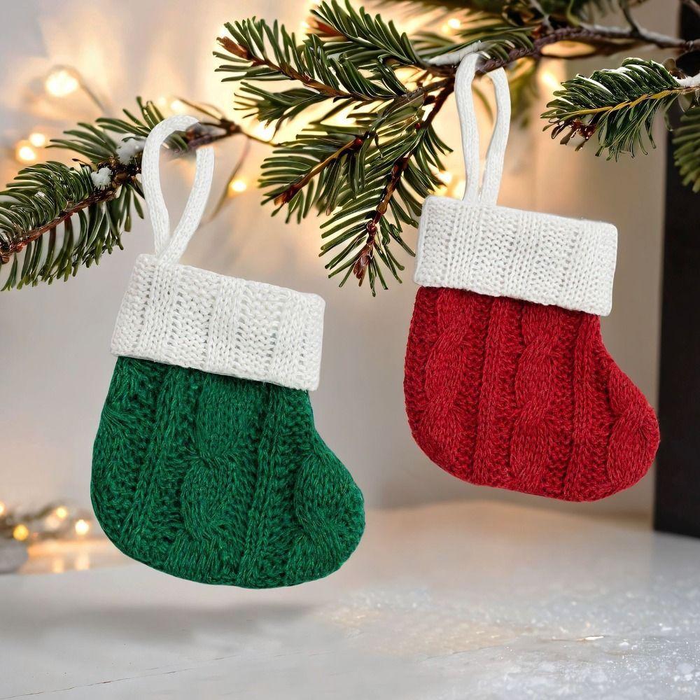 

3pcs Crafts Red Green Christmas Knitted Socks Mini Hanging Christmas Tree Pendant Handmade Candy Gift Bag Venue Layout Props other красный