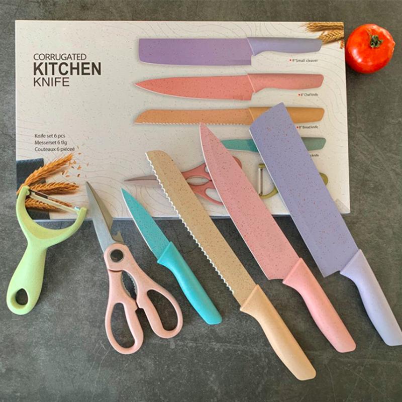 Kitchen Knife 6Pcs/Set High and Good Quality Corrugated Colorful Stainless Steel Chef Knife Bread Household Knife Cleaver Scissors Kitchen Bar