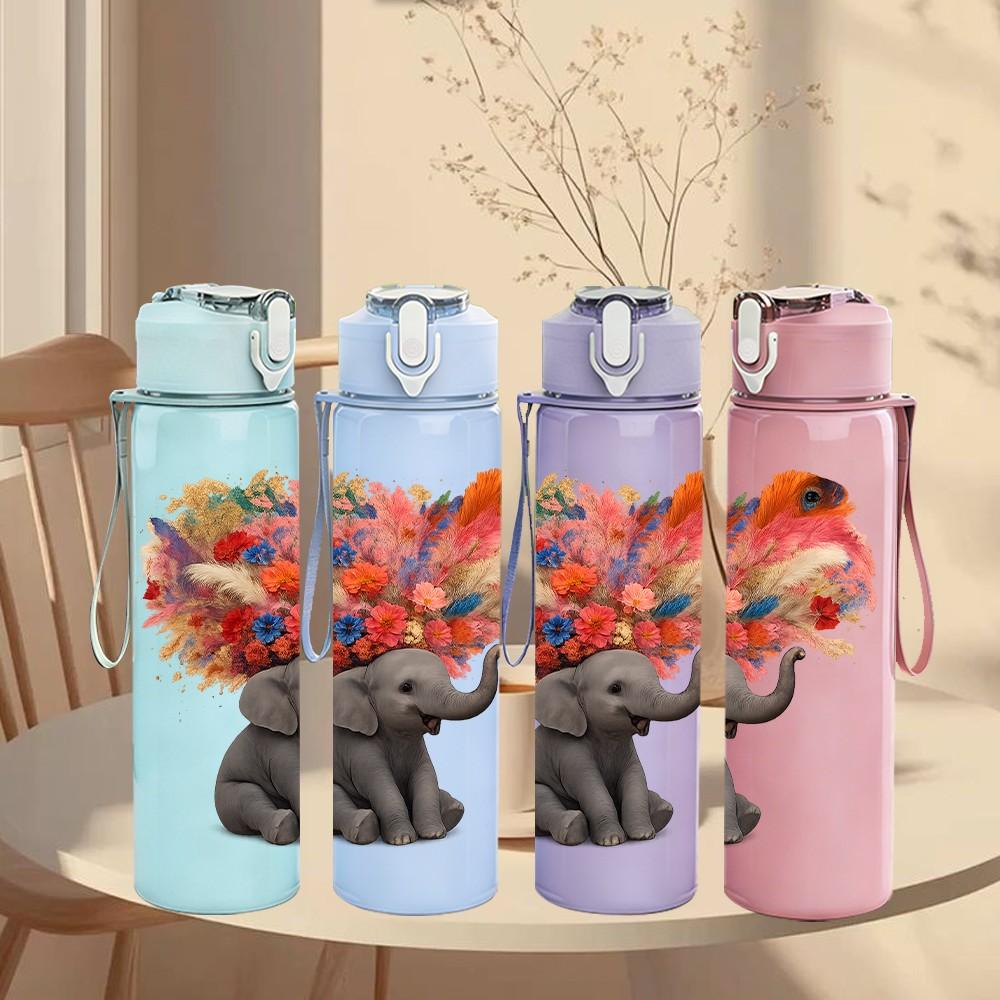 1PC Elephant Hold Colorful Flower Bouquet Print 750ml Color Plastic Sports Water Bottle Leakproof Flip Straw Lid Suitable for Sports Office Home Use