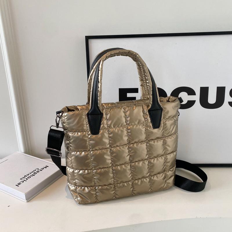 Internet Celebrity Cotton Quilted Padded Women's Handbags Nylon Solid Color Grid Female Shoulder Crossbody Bags Large Capacity Ladies Tote Bag Satchel