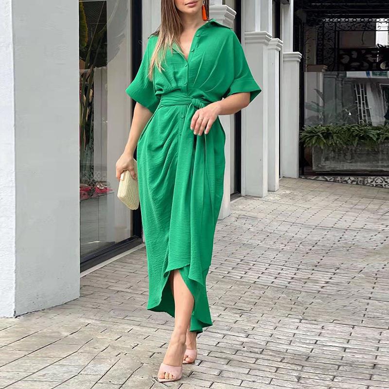 2026 Spring Women's Lace-Up Waist Short-Sleeve Solid Color Shirt Dress