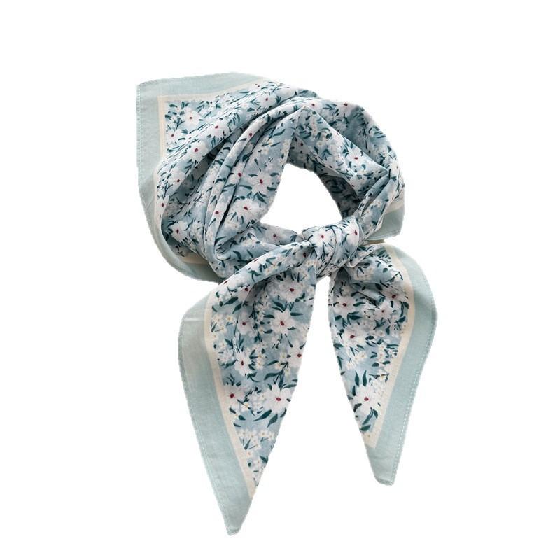 Fresh Floral Printed Cotton Small Square Scarf For Women
