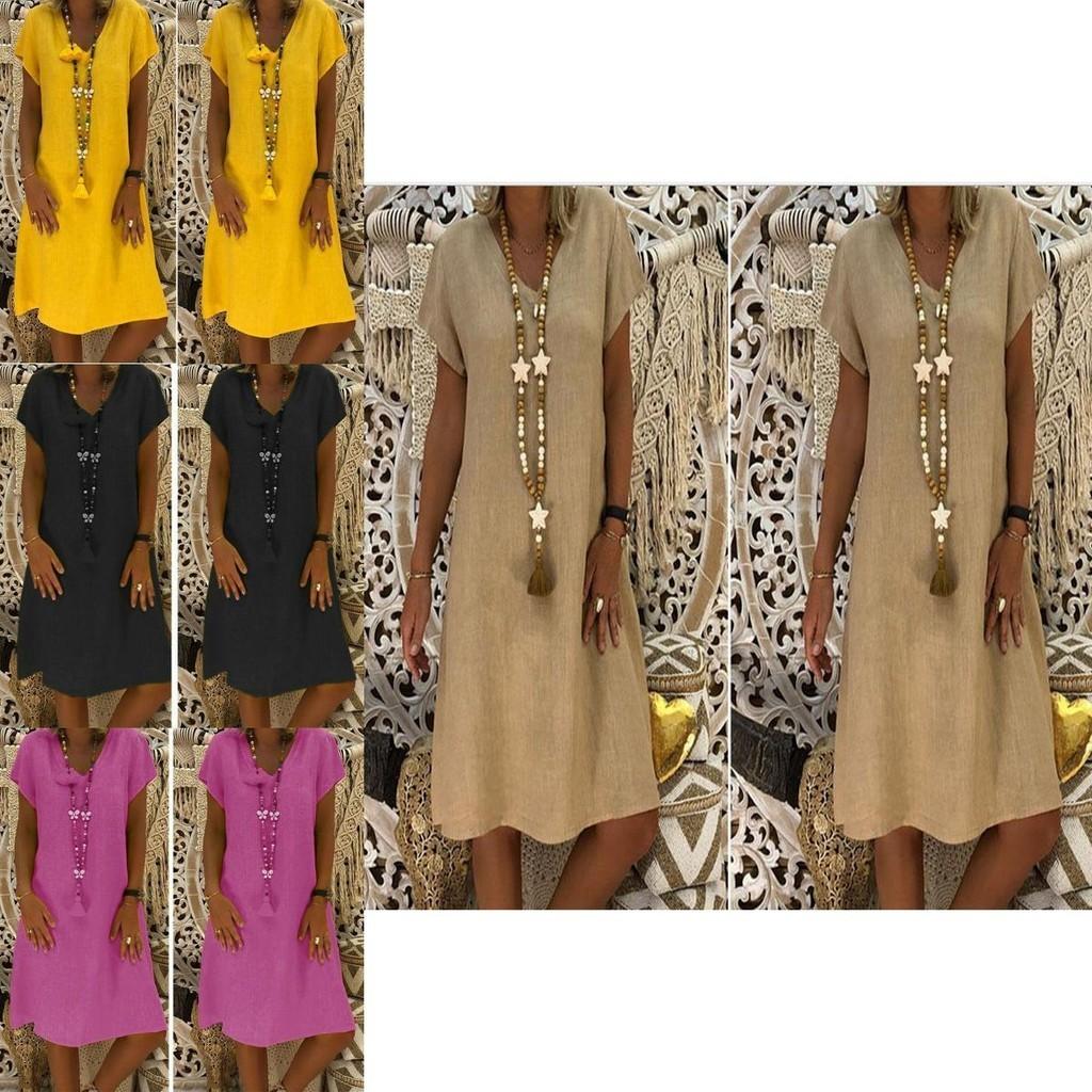 Stylish Summer Women's Short Sleeves V-neck Tunic Midi Dress For Plus Size Fashion