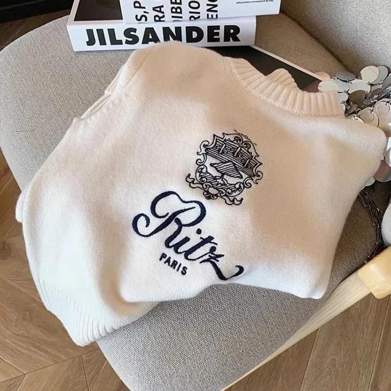 Buchstaben Stickerei Pullover Damen Frühling Herbst Rundhals Langarm Strickwaren Jumper Weiblich Korea Lässig Print Design Oberteile