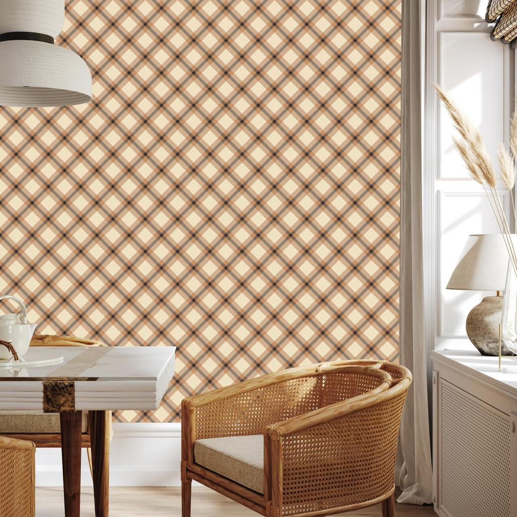 Brown Checkered Wallpaper Cream and Orange for Living Room and Bedroom 50x1000