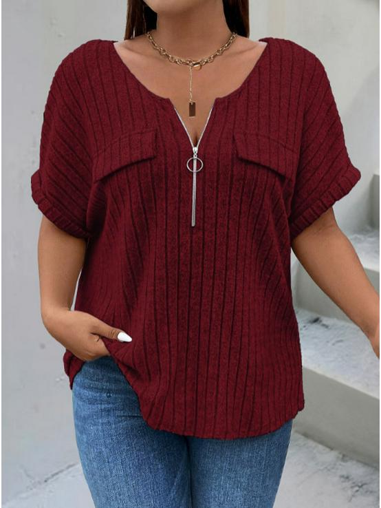 

Женская футболка большого размера на молнии с коротким рукавом, однотонная, весна/лето 2024 2XL вино красного