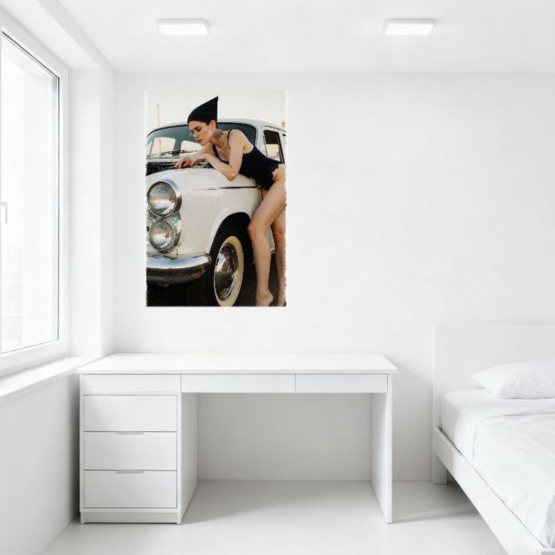 Sexy Woman Sleeveless Bodysuit Tattoo Vintage White Car Military Hat Retro Metal Tin Sign for Bar Pub Home Wall Decor