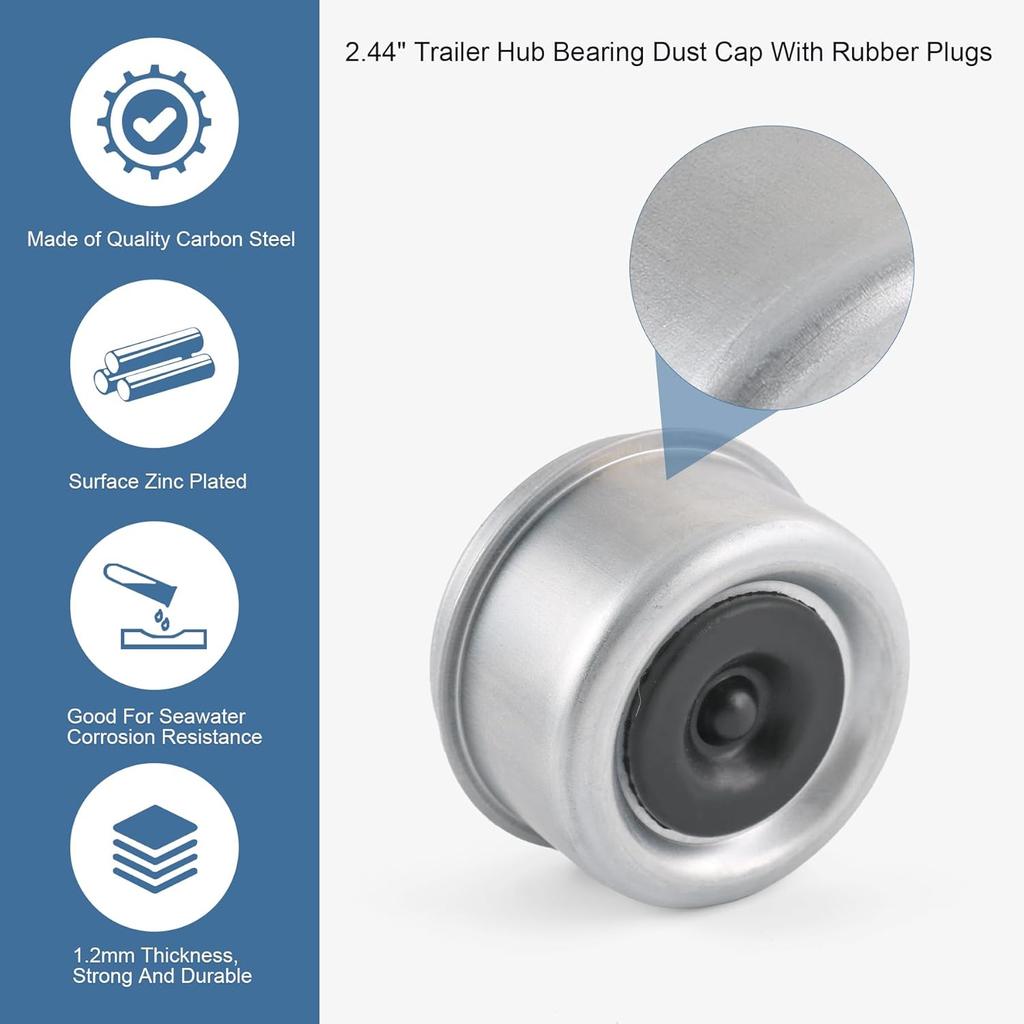 4PCS 2.44" Trailer Hub Bearing Dust Cap with Extra 4 Rubber Plugs, Trailer Axle Wheel Hub and Bearing Dust Caps for Most 5200 to 6000 Pound Axles