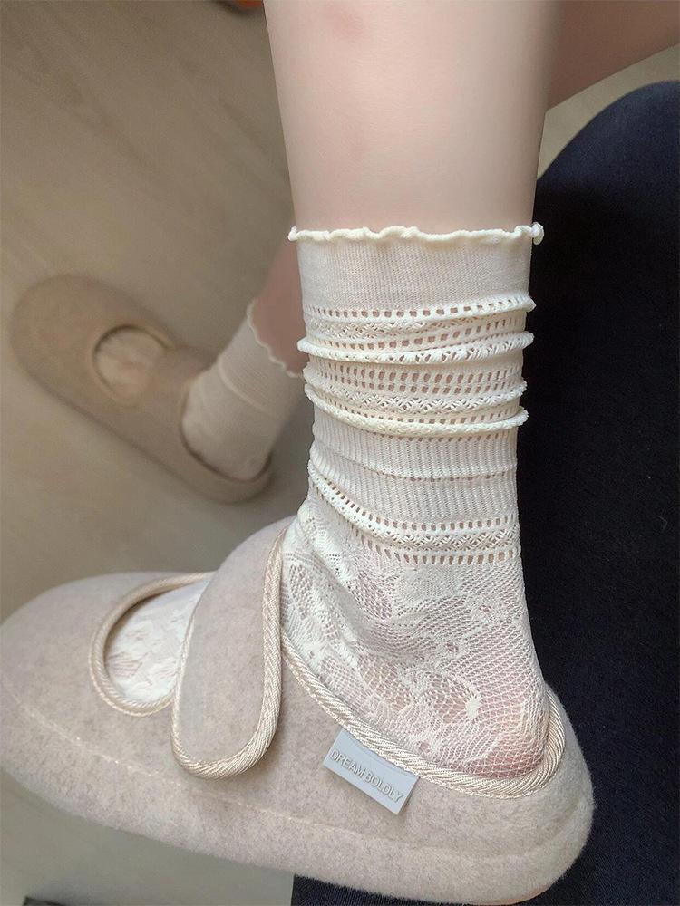 

3 Pairs Women Summer Thin Ballet Style Tube Pile Short Socks Lace Lace Mesh Socks Korean Casual Versatile Socks One Size