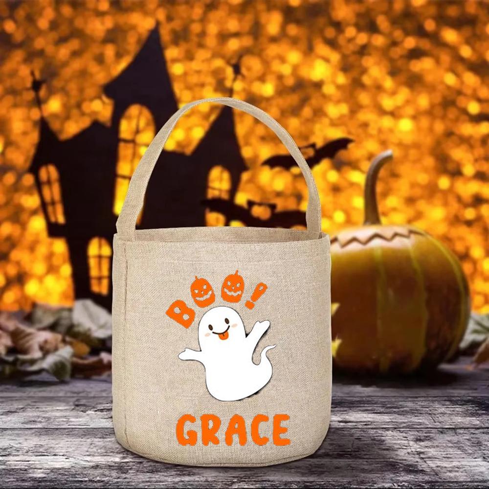 Personligiserad Trick or Treat-påse Halloween Spöklikt Spöke Godishink Gåva till Barn Söt Boo-korg Roliga Festdekorationstillbehör