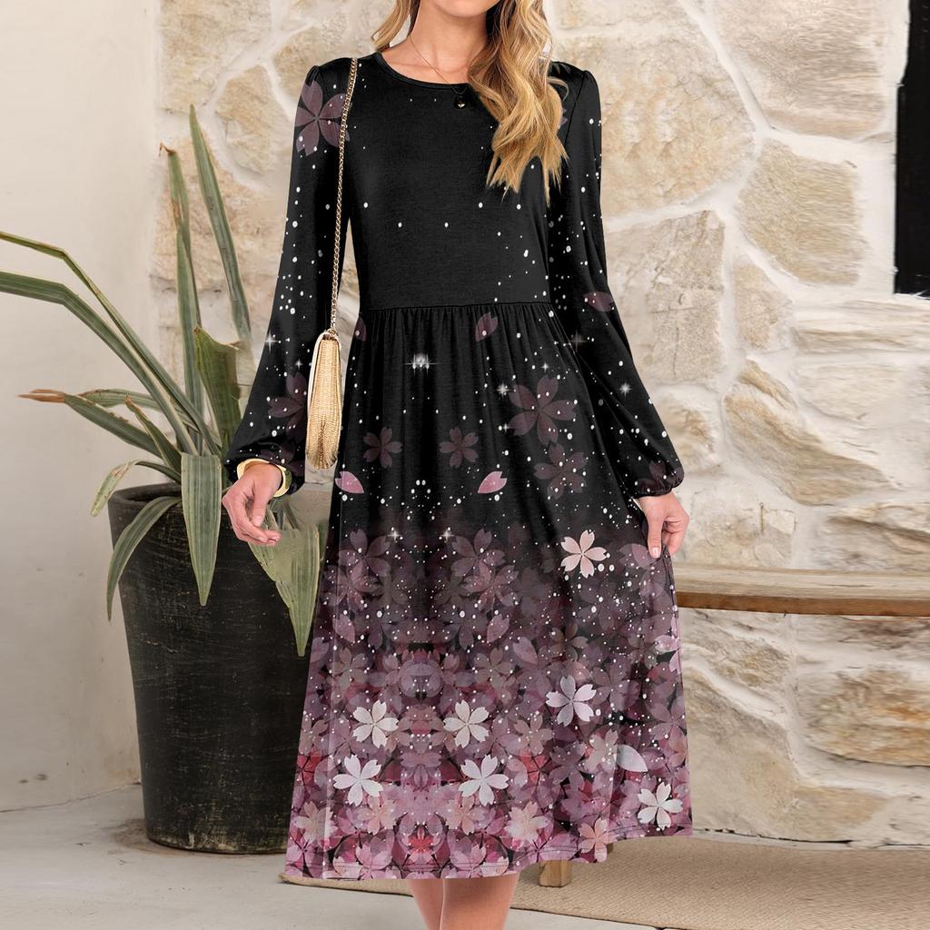 Women's fashionable loose retro printed round-neck dress