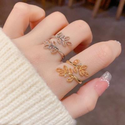 Silver Color Wheat Ear Leaf Rings Adjustable Design Zircon Rings New Leaves Ring  Women's Jewelry