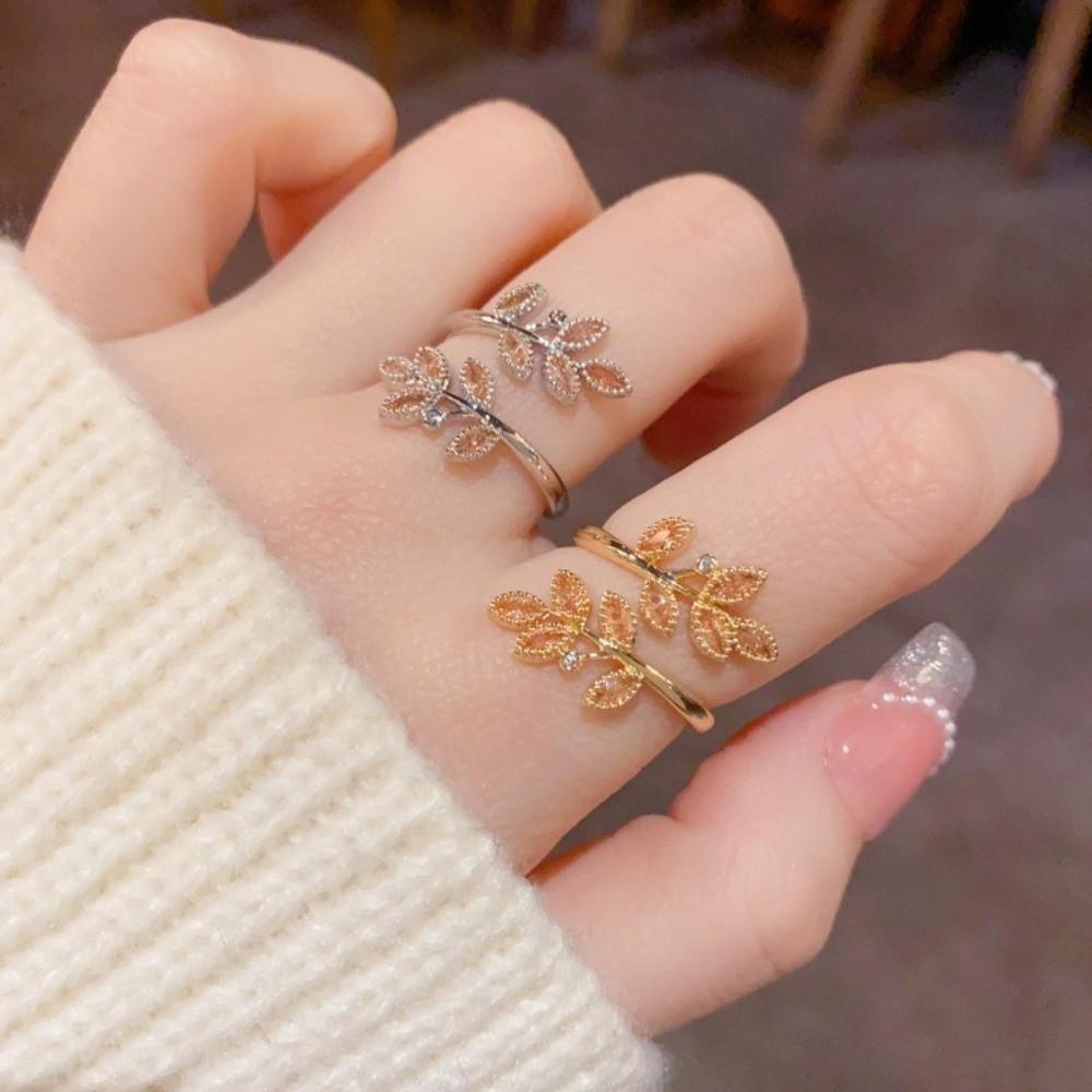 Silver Color Wheat Ear Leaf Rings Gold Color Leaves Ring New Zircon Rose Flower Rings  Party Rings