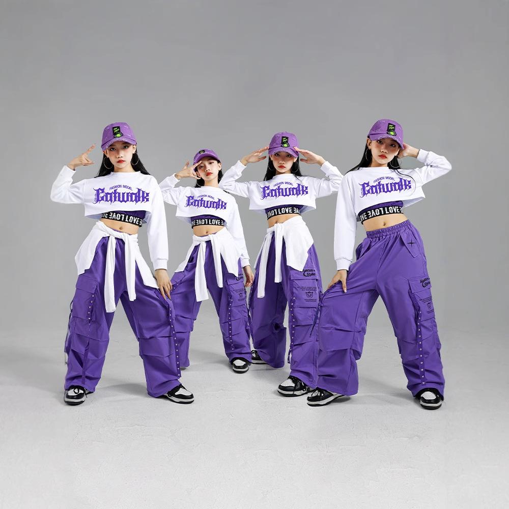 Hip Hop Mädchen K-Pop Crop Top Lila Cargohosen Kinder Street Dance Outfits Kinder Streetwear Gruppe Jazz Kleidung Sets
