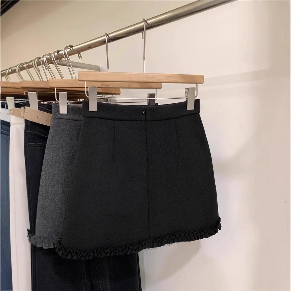 Woolen High-Waist A-Line Skirt for Women - Spring/Autumn Lace Patchwork Short Skirt