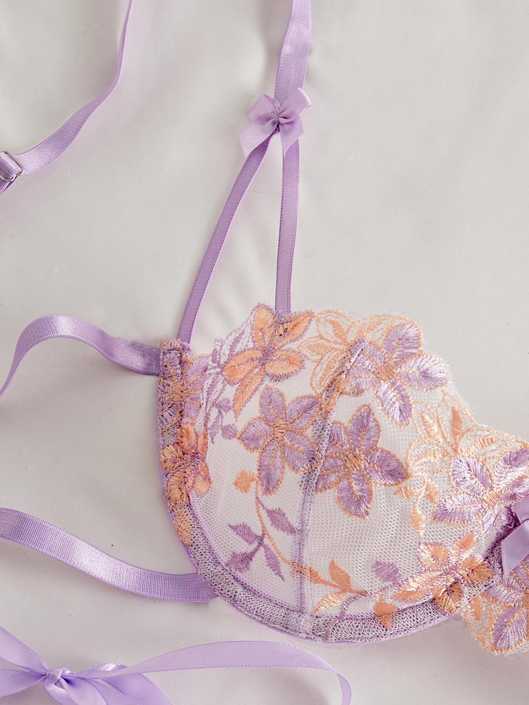 Autumn Bow Sling Floral Embroidered Lingerie Set - See-through Temptation
