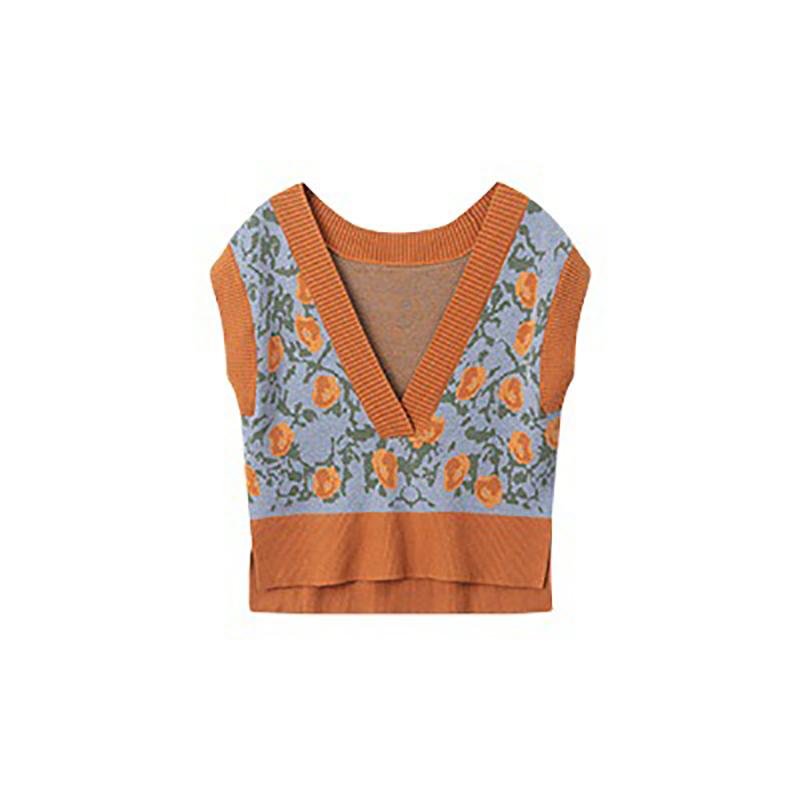 Floral Sweater Vest Women Autumn Winter Fashion Knitted Vest Sleeve Jackets  V Neck Woman Pullover Jumper Girl Sweater Retro English Wind