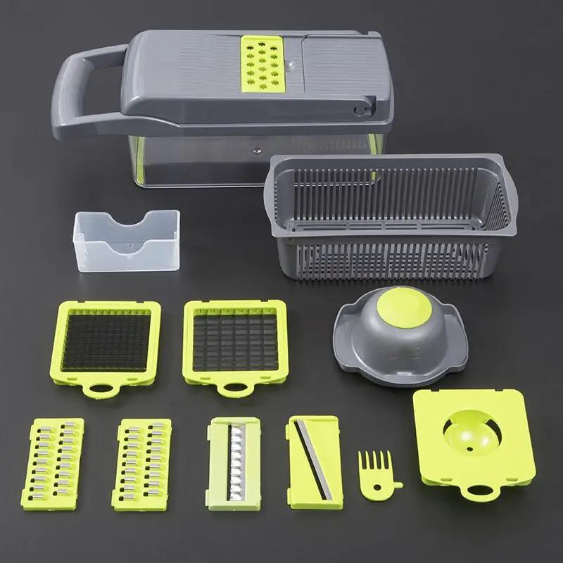 Multi-functional Vegetable Chopper 12-in-1 Shredder Manual Shredder Drain Basket Kitchen Tool Silk Scrubber Kitchen Accessories