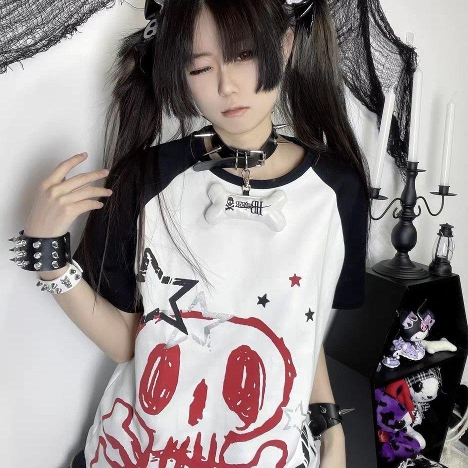 Emo Punk T-shirt Grunge Aesthetic Y2K Spring Long Sleeve Harajuku Loose Casual Rock Subculture Harajuku Top Street Student Summer