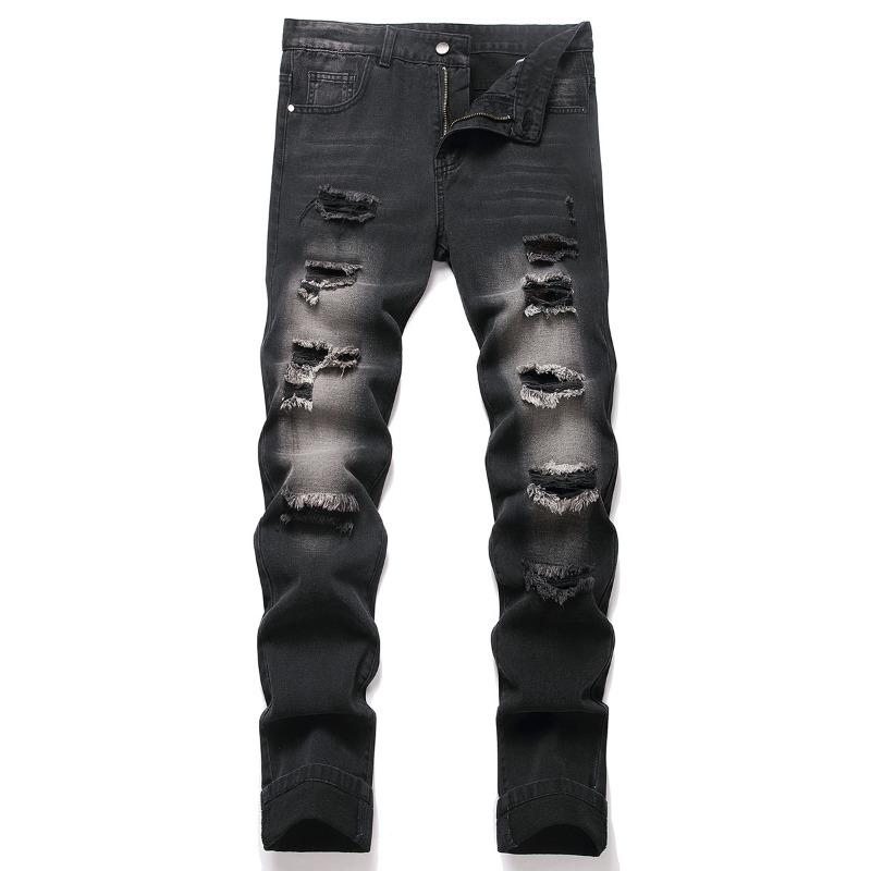 Men's Distressed Straight-Leg Slim-Fit Non-Stretch Denim Jeans Ripped Long Pants