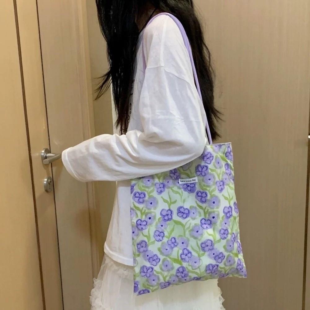 Green Double Sided Tote Bag Lightweight Shopping Handbags Chic Purple Flower Shoulder Bags  Travel