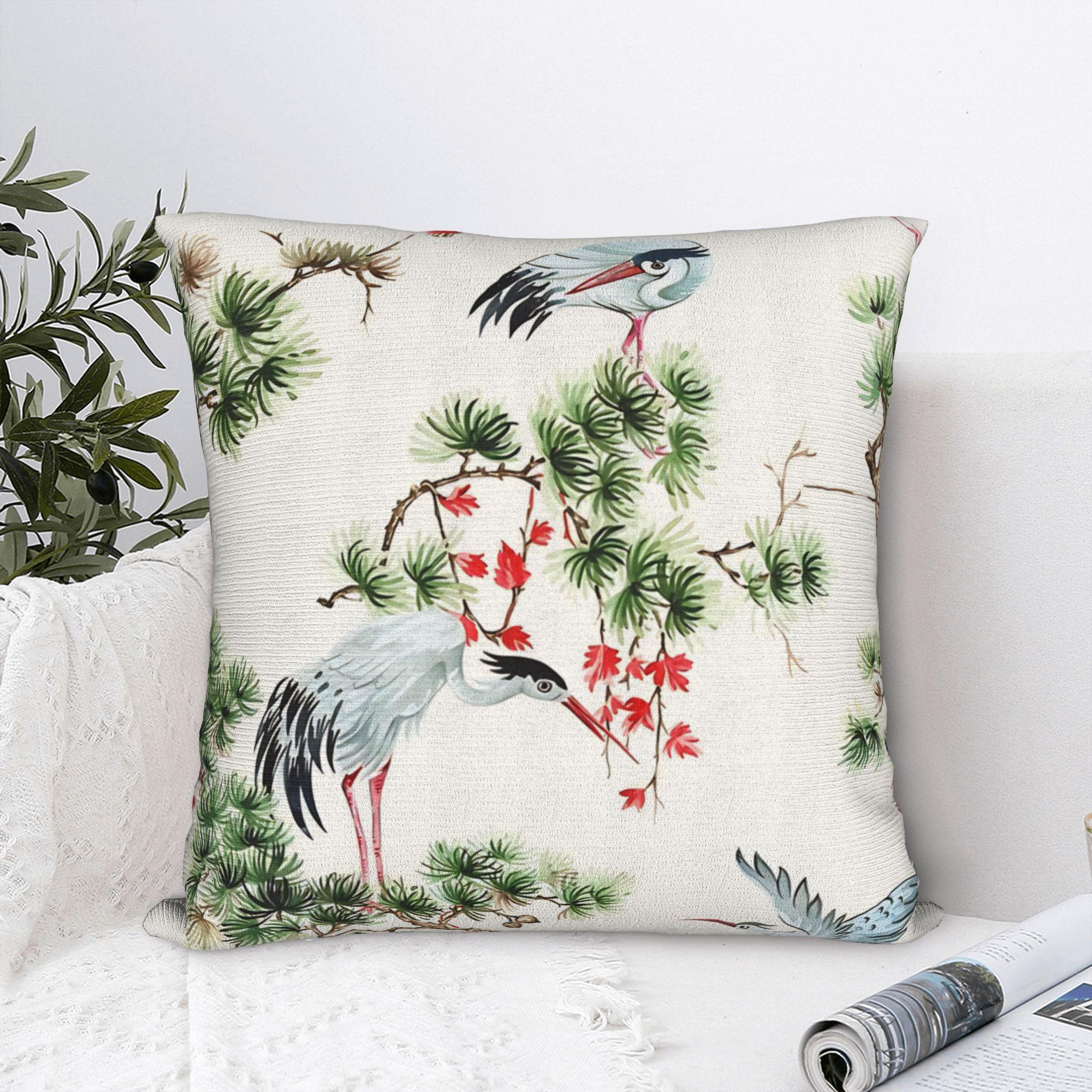 Annier Unisex Japanese Cranes And Conifers Pillow Case Square Pillow Cover Morden Pillowcases For Living Room Bed Chair