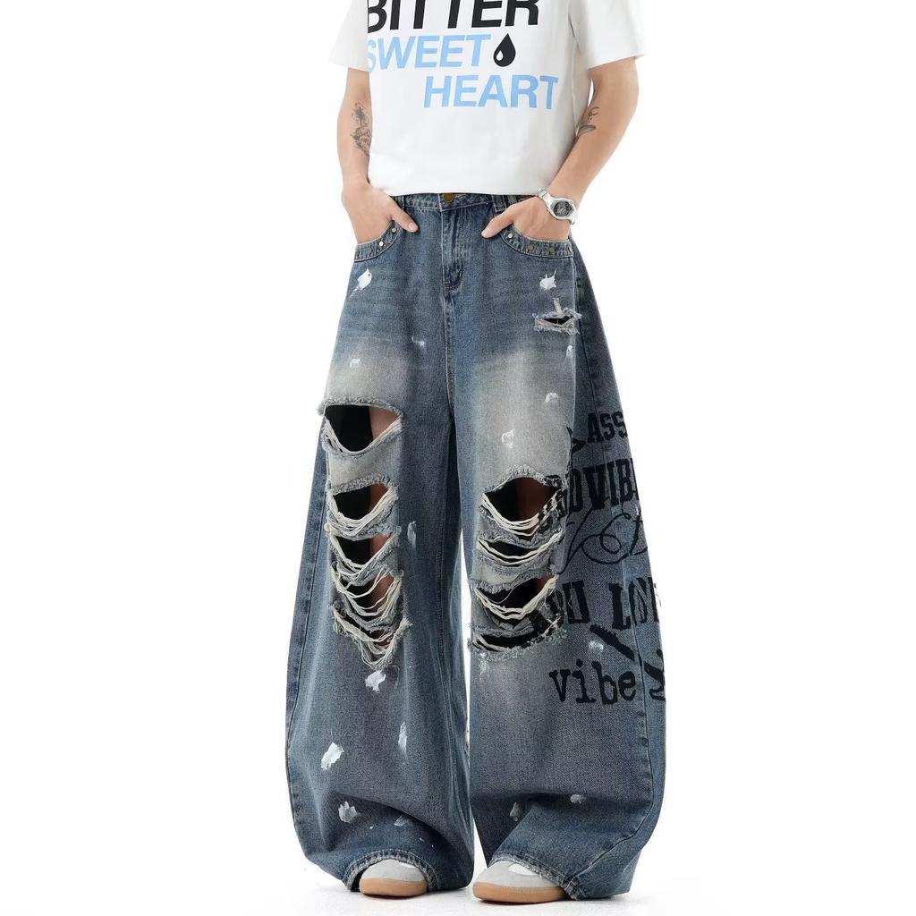 American niche retro high street design ripped jeans autumn high waist loose vibe fried street mopping pants tide