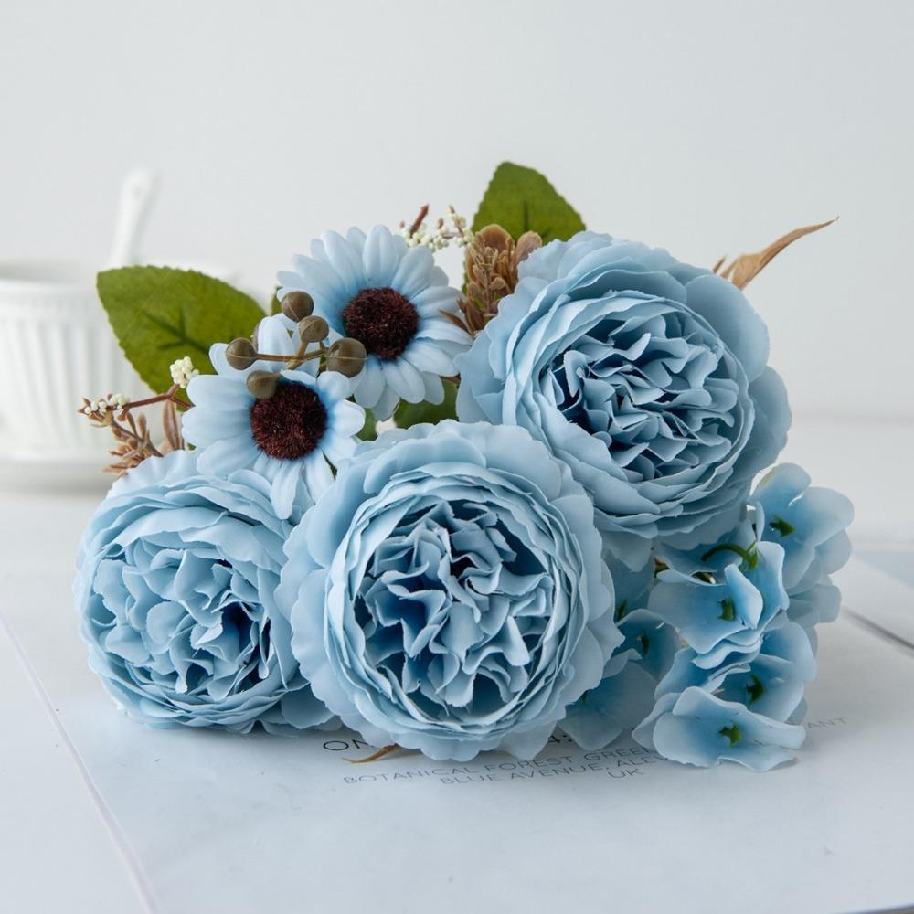 Outdoor Silk Artificial Flowers 5 Heads Bridal Bouquets Simulated Persian Peony Fake Flowers Gifts Box Decor