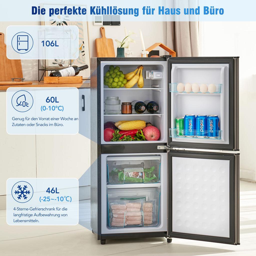 106L Energy-Saving Mini Fridge LED, 60L Refrigerator + 46L Freezer, 7 Temperature Settings, Adjustable Shelves, 166 Kwh/Year, 45db
