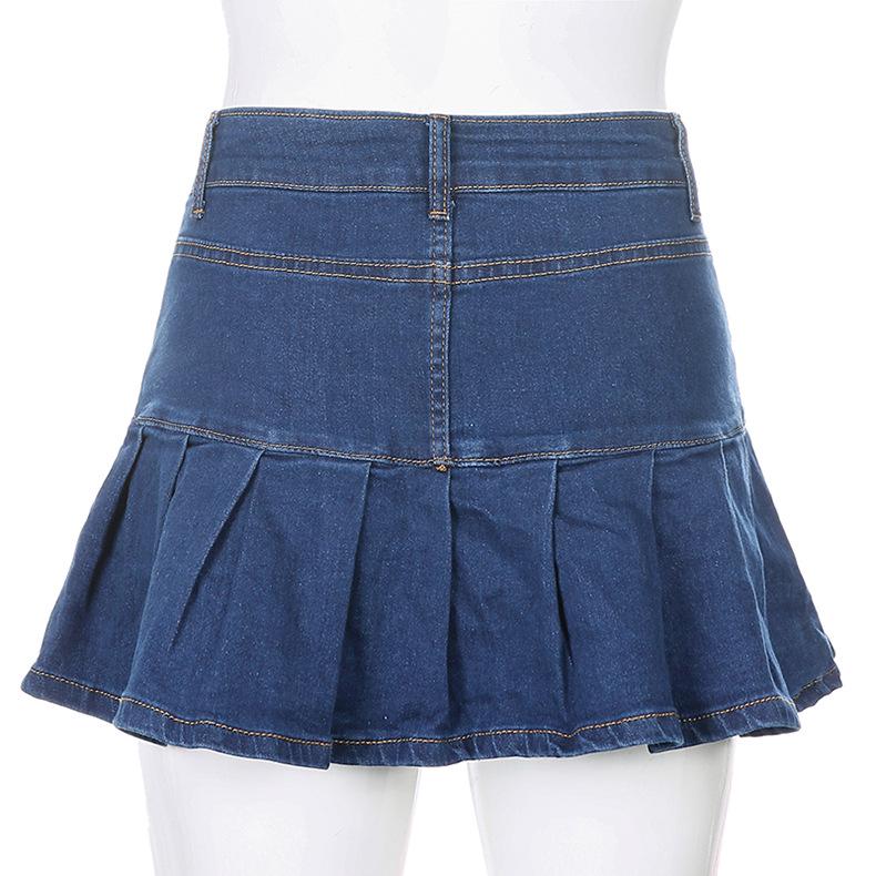 European & American Girls' Sweet College Style A-Line Denim Skirt with Anti-Exposure Lining
