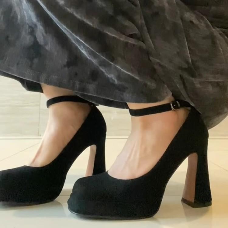 Sheepskin Version! Mary Jane High Heels Niche Square Head One-word Buckle with Thick Heel Not Tired Feet Waterproof Table Shallow Mouth Single Shoes