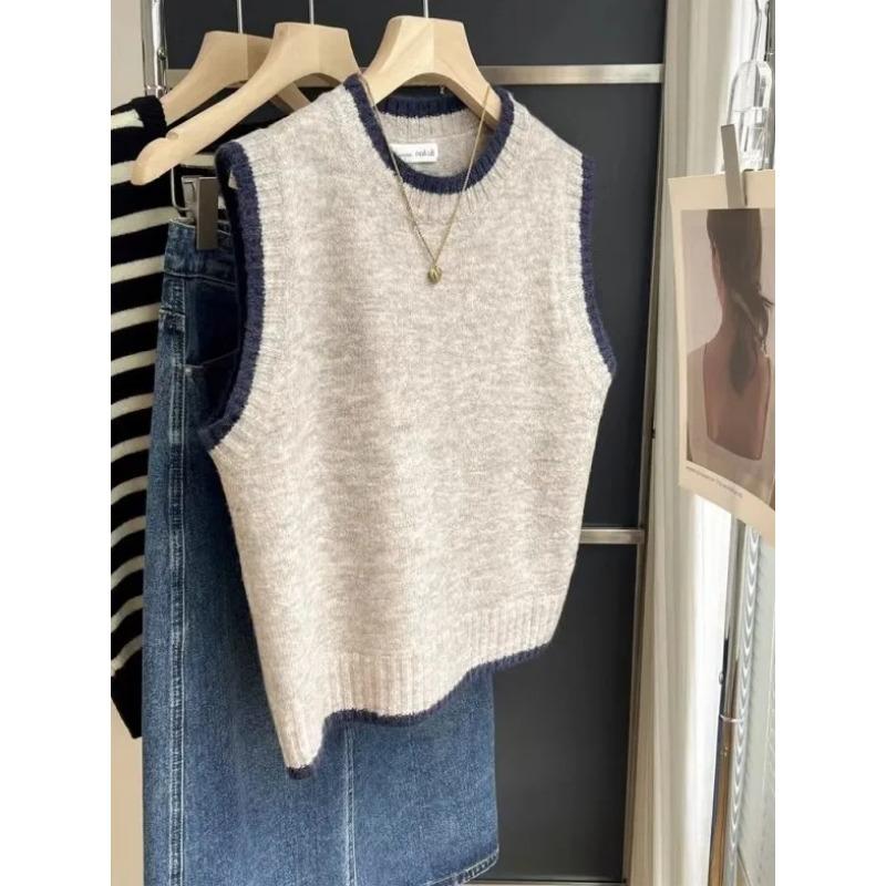 Gray Knitted Sweater Women's Japanese Style Stacked Vest Short Round Neck Woolen Vest