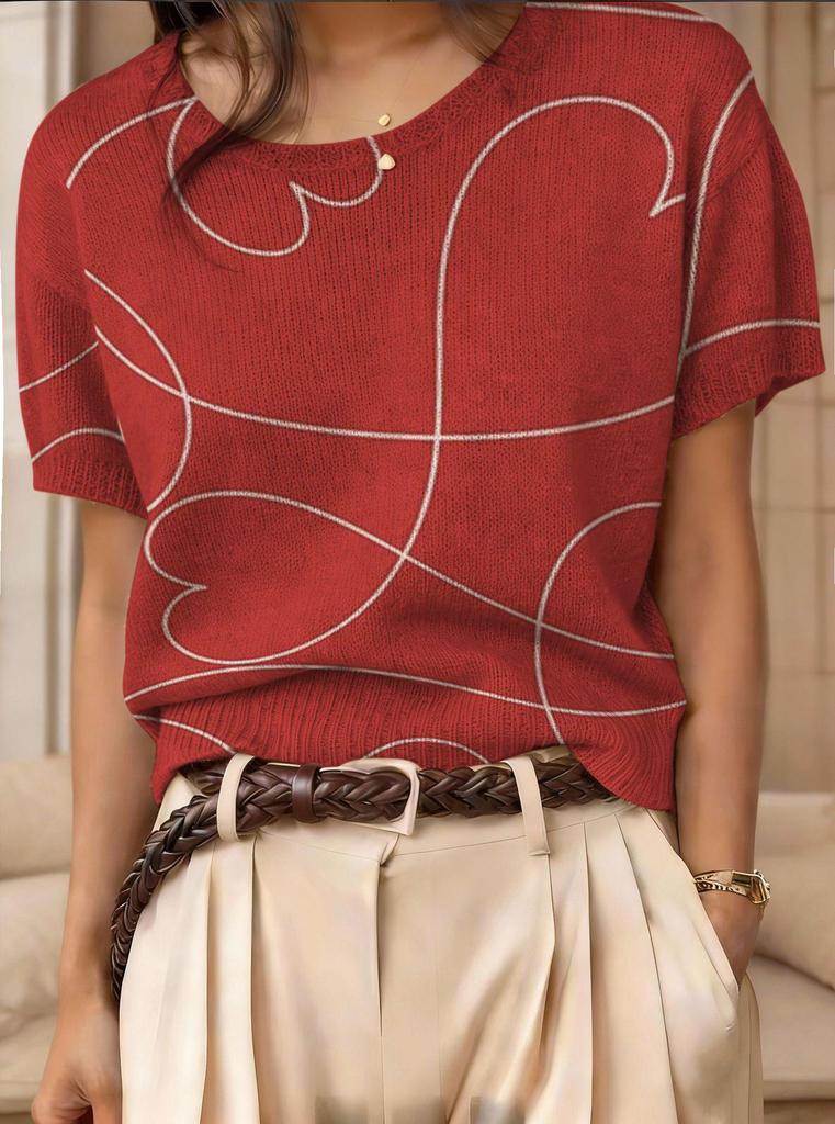 Top Maglione Girocollo a Maniche Corte Jacquard Color Block Retrò 2026